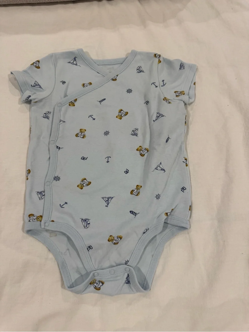 Ralph Lauren Pale Blue Short-Sleeve Wrap Bodysuit with Teddy & Nautical Prints